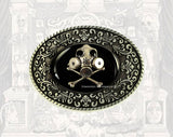 Skull with Gas Mask Belt Buckle Inlaid in Hand Painted Black Onyx Enamel Victorian Industrial Inspired Oval Buckle Custom Colors Available