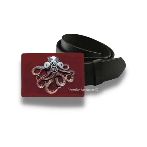 Octopus with Gas Mask Belt Buckle Inlaid in Hand Painted Ox Blood Enamel Industrial Victorian Inspired Ornate Buckle with Color Options