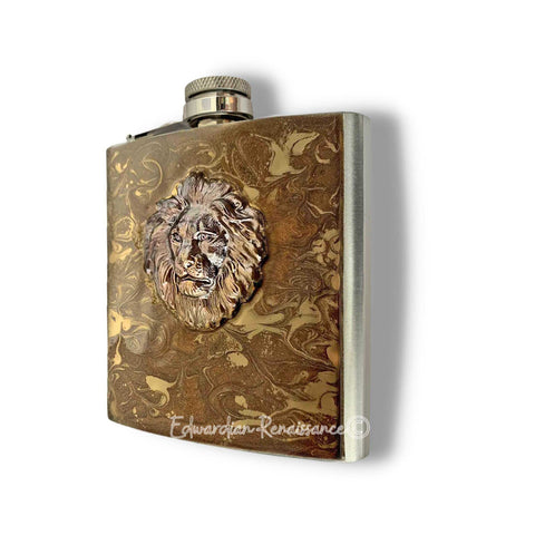 Blackened Brass Lions Head Hip Flask Neo Victorian Safari Leo Hand Painted Golden Bronze Enamel with Personalized and Color Options