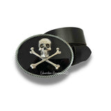Antique Silver Skull and Crossbones Belt Buckle Inlaid in Hand Painted Black Enamel Vintage Gothic Style with Color and Belt Strap Options
