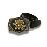 Antique Gold Lotus Fower Belt Buckle Inlaid in Hand Painted Glossy Black Enamel Metal Buckle with Assorted Color Options