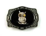 Steampunk Owl Belt Buckle Inlaid in Hand Painted Glossy Black Onyx Enamel Robot Owl with Gear and Cog Eyes Custom Colors Available
