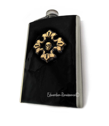 Antique Silver Cross with Skull Flask Inlaid in Hand Painted Black Enamel 8oz Hip Flask Personalize Engraving and Color Options