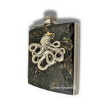 Antique Silver Octopus Flask Neo Victorian Kraken in Hand Painted Black with Gold Swirl Enamel with Custom Engraving and Color Options