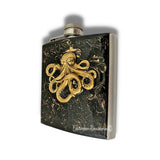 Antique Gold Octopus Flask Neo Victorian Kraken Inlaid in Hand Painted Black with Gold Swirl Enamel with Custom Engraving and Color Options