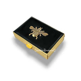 Antique Gold Bee Pill Box Inlaid in Hand Painted Glossy Black Ink Swirl Enamel Art Deco Inspired Insect with Personalized and Color Options