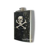 Skull and Crossbones Flask in Hand Painted Black Enamel with Silver Splash 8oz Hip Flask Gothic Victorian Colors and Personalized Option