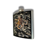 Octopus Hip Flask in Oxidized Brass Inlaid in Hand Painted Black Liquid Ink Design Neo Victorian Kraken with Personalized Engraving Options
