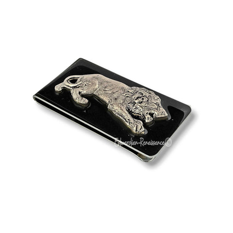Antique Silver Prowling Lion Money Clip Inlaid in Hand Painted Enamel Neo Victorian Leo Vintage Style Custom Colors and Personalized Options