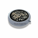 Antique Silver Dragon Pill Box Inlaid in Hand Painted Black Enamel Vintage Inspired Case with Mirror Personalized and Custom Color Options