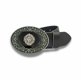 Lion Head Belt Buckle Inlaid in Hand Painted Black Onyx Enamel Neo Victorian Safari Oval Metal Buckle Antique Silver Leo Custom Color Option