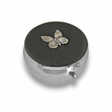 Antique Silver Butterfly Pill Box Inlaid in Hand Painted Gray Enamel Art Nouveau Design Round Pill Case Personalize and Color Options