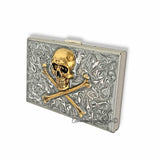 Gold Skull and Crossbones Credit Card Wallet RFID Blocker Inlaid in Hand Painted Navy Enamel 3D Gothic Design Personalize and Color Options
