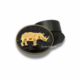 Antique Gold Rhino Belt Buckle Inlaid in Hand Painted Glossy Black Enamel Vintage Style Oval Gold Buckle with Color Options
