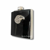 Antique Gold Eagle Head Flask in Hand Painted Glossy Black Enamel Vintage Style with Custom Engraving and Color Options Available