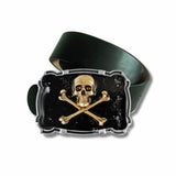 Antique Gold Skull and Crossbones Belt Buckle Gothic Victorian Inspired Inlaid in Black Enamel with Silver Splash Custom Colors Available