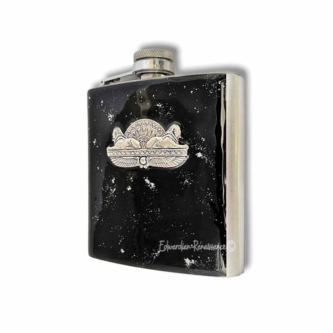 Egyptian Sphinx Flask Inlaid in Hand Painted Black with Silver Splash Glossy Enamel Art Deco Inspired Custom Colors and Personalized Option