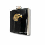 Antique Gold Eagle Head Flask in Hand Painted Glossy Black Enamel Vintage Style with Custom Engraving and Color Options Available