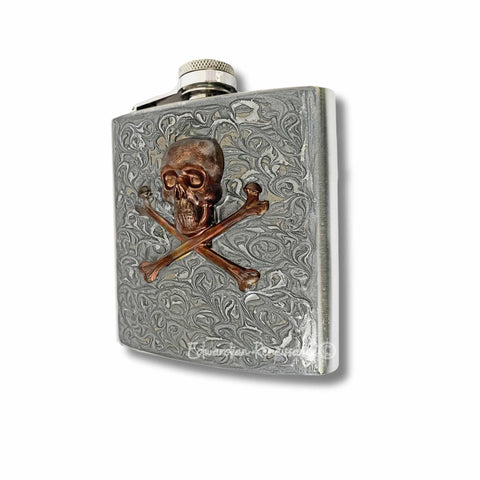 Burnished Skull and Crossbones Flask Inlaid in Hand Painted Silver Swirl Enamel Vinatge Inspired with Custom Engraving and Color Options