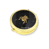 Antique Gold Scarab Pill Box Inlaid in Hand Painted Black with Silver Splash Enamel Vintage Style with a Mirror Personalize and Color Option
