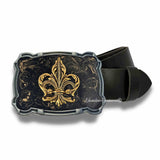 Antique Gold Fleur de Lis Belt Buckle Neo Classic Inspired Inlaid in Black with Gold Swirl Vintage Style with Color Options Available