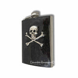 Skull and Crossbones Flask Inlaid in Hand Painted Metallic Black Enamel 8oz Hip Flask Gothic Victorian Custom Colors and Personalized Option