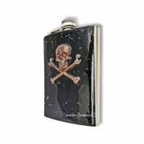 Skull and Crossbones Flask Inlaid in Hand Painted Metallic Black Enamel 8oz Hip Flask Gothic Victorian Custom Colors and Personalized Option