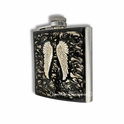 Angel Wings Flask Inlaid in Hand Painted Black Ink Swirl Enamel Neo Victorian Inspired Custom Colors and Personalized Options