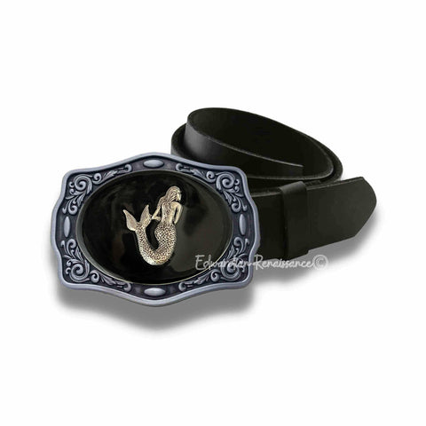 Mermaid Belt Buckle Inlaid Hand Painted Glossy Black Onyx Enamel Ornate Art Nouveau Nautical Siren Buckle with Color Options