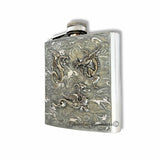 Battling Dragons Flask Inlaid in Hand Painted Silver Swirl Design Game of Thrones Inspired Personalize Engraving and Color Options