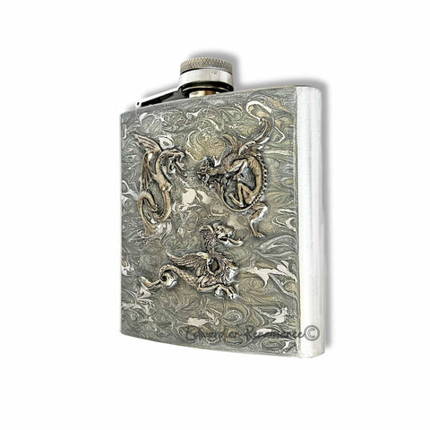 Battling Dragons Flask Inlaid in Hand Painted Silver Swirl Design Game of Thrones Inspired Personalize Engraving and Color Options
