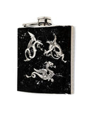 Battling Dragons Flask Inlaid in Hand Painted Silver Swirl Design Game of Thrones Inspired Personalize Engraving and Color Options