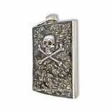 Antique Silver Skull and Crossbones Flask Inlaid in Hand Painted Silver Swirl Enamel 8oz Size with Personalized and Color Option