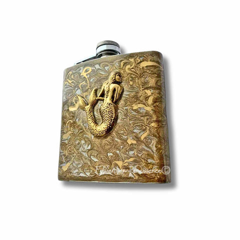 Antique Gold Mermaid Flask Inlaid in Hand Painted Enamel Nautical Fantasy Inspired Custom Colors and Personalized Options Available