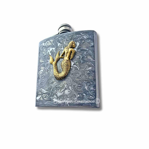 Mermaid Hip Flask Inlaid in Hand Painted Glossy Silver Swirl Enamel Nautical Inspired Personalize Engravinng and Color Option