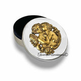 First Kiss Jewelry Box Inlaid in Hand Painted Black Enamel Neoclassic Cupid Design Vintage Style with Custom Color Options