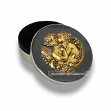 First Kiss Jewelry Box Inlaid in Hand Painted Black Enamel Neoclassic Cupid Design Vintage Style with Custom Color Options