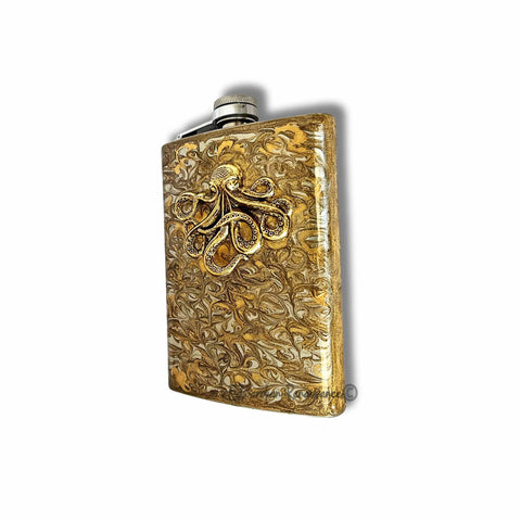 Antique Gold Octopus Flask Inlaid in Hand Painted Enamel Gold Swirl Design 8oz Hip Flask withColor and Personalized Option