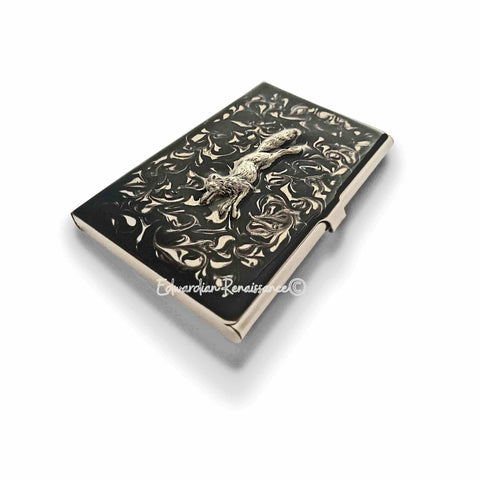 Antique Silver Fox Business Card Case Inlaid in Hand Painted Black Ink Swirl Enamel Neo Victorian Woodland Inspired Personalized Options