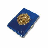 Lion Head Gold Cigarette Case in Hand Painted Black Enamel NeoClassic Leo Inspired with Custom Engraving and Color Options