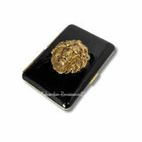 Lion Head Gold Cigarette Case in Hand Painted Black Enamel NeoClassic Leo Inspired with Custom Engraving and Color Options