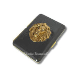 Lion Head Gold Cigarette Case in Hand Painted Black Enamel NeoClassic Leo Inspired with Custom Engraving and Color Options