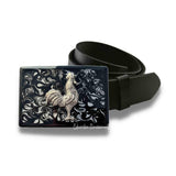 Antique Silver Rooster Belt Buckle in Glossy Black Enamel with Silver Splash French Country Inspired with Custom Colors Available