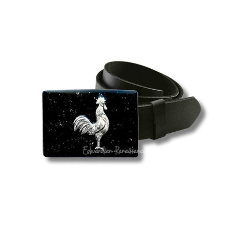 Antique Silver Rooster Belt Buckle in Glossy Black Enamel with Silver Splash French Country Inspired with Custom Colors Available