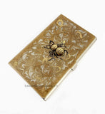 Antique Gold Queen Bee Business Card Case Inlaid in Hand Painted Bronze Enamel Neo Victorian Insect with Color and Personalized Options