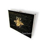 Queen Bee Metal Wallet Inlaid in Hand Painted Metallic Black Enamel Art Deco Style with Personalized and Color Options