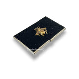 Queen Bee Business Card Case Inlaid Hand Painted Enamel Gold Swirl Design Art Deco Insect Personalize Engraving and Color Options Available