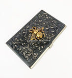 Queen Bee Business Card Case Inlaid Hand Painted Enamel Gold Swirl Design Art Deco Insect Personalize Engraving and Color Options Available