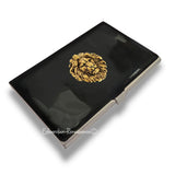 Lions Head Business Card Case Inlaid in Hand Painted Gold Swirl Design Metal Wallet Neo Victorian Leo Personalize and Color Options