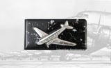 Jumbo Jet Money Clip Inlaid in Hand Painted Black with Silver Splash Enamel Airplane Neo Victorian Inspired Personalized and Color Options